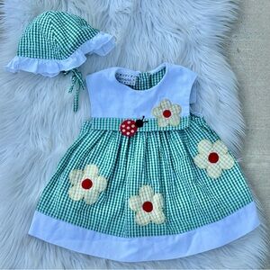 Vintage Baby Samara Gingham Floral Ladybug Dress & Matching Bonnet 18 Months
